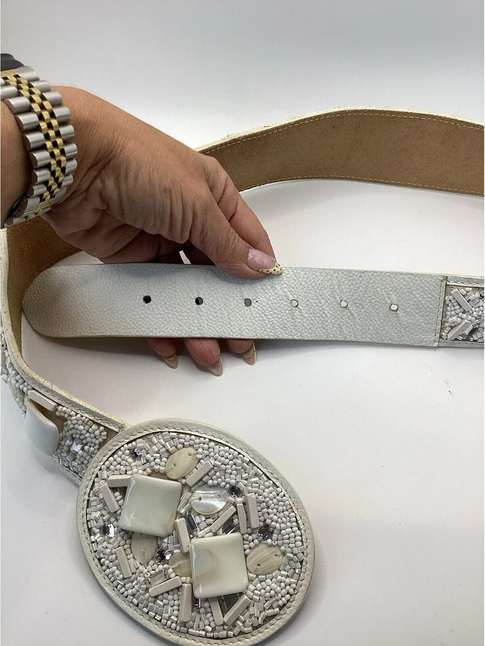 Vintage White Leather Beaded Mother Of Pearl Shell Statement Belt Size 34